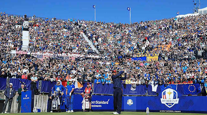 Tiger Woods of the United States plays his shot from the first tee during singles matches of the 2018 Ryder Cup at Le Golf National in Paris, France.